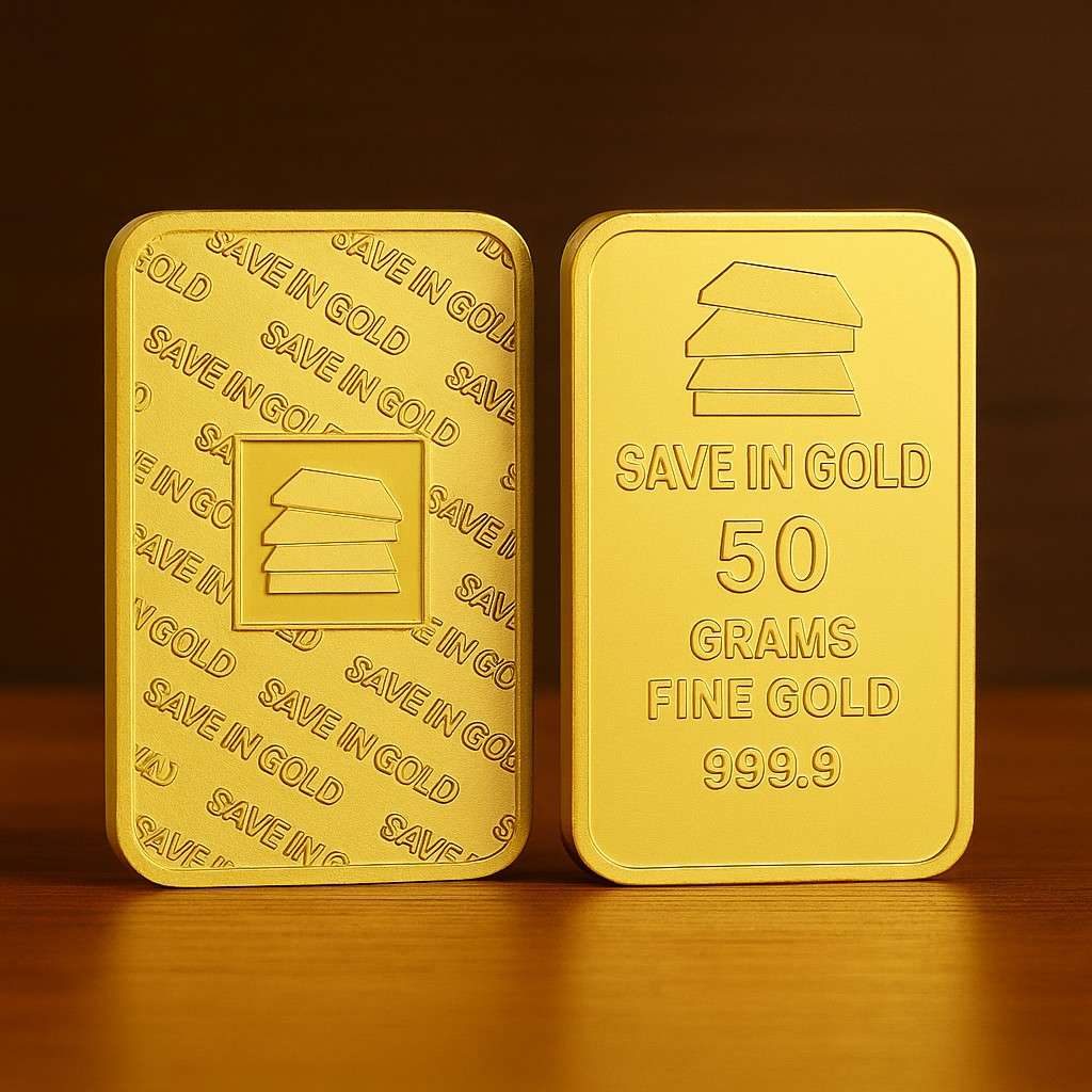 Save in Gold 50 Grams Fine Gold Bar - 999.9 Purity