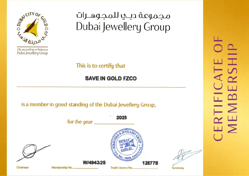 Dubai Gold Jewellery Group Membership Certificate - Save in Gold FZCO