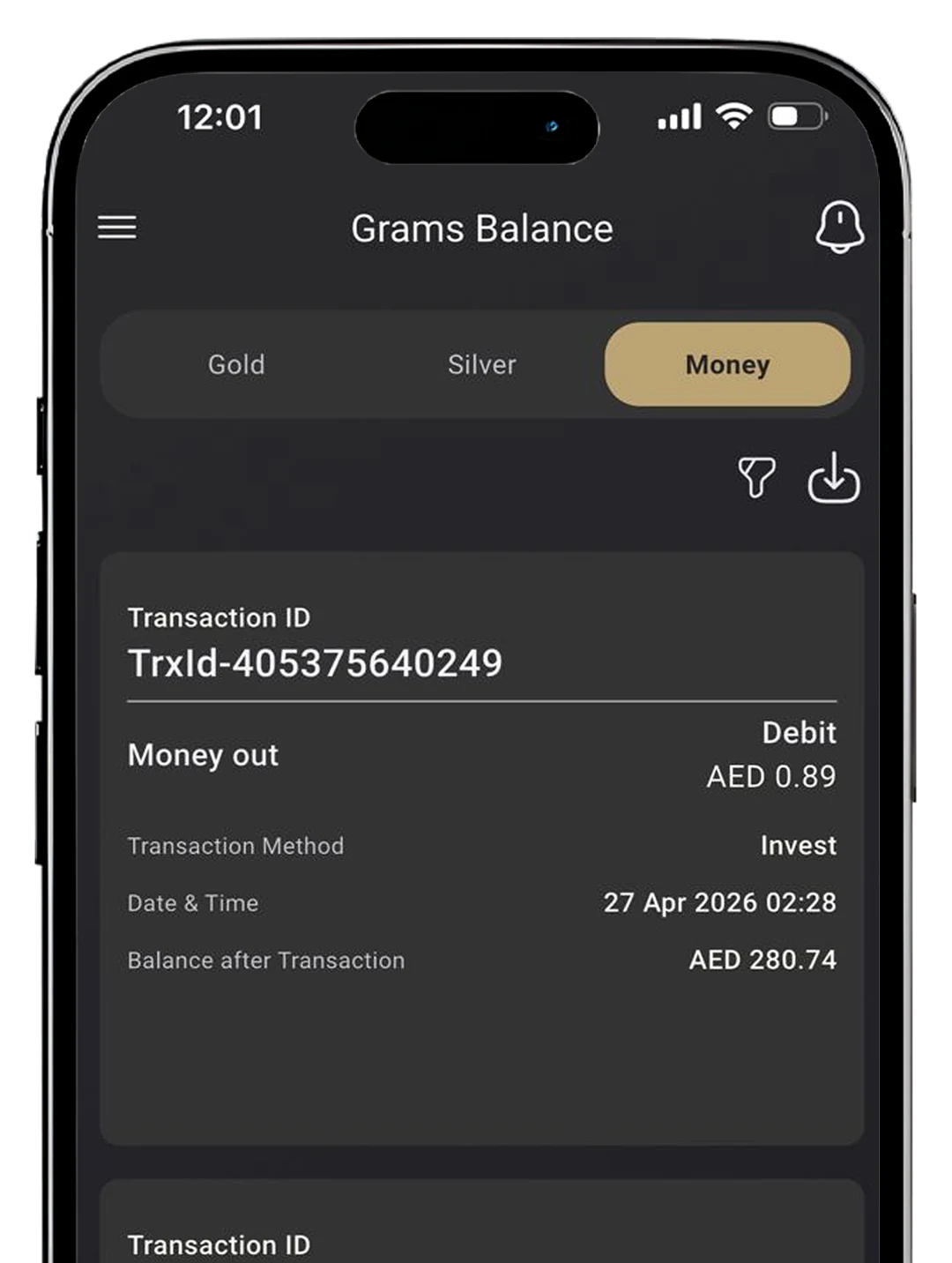 Save in Gold app statement interface