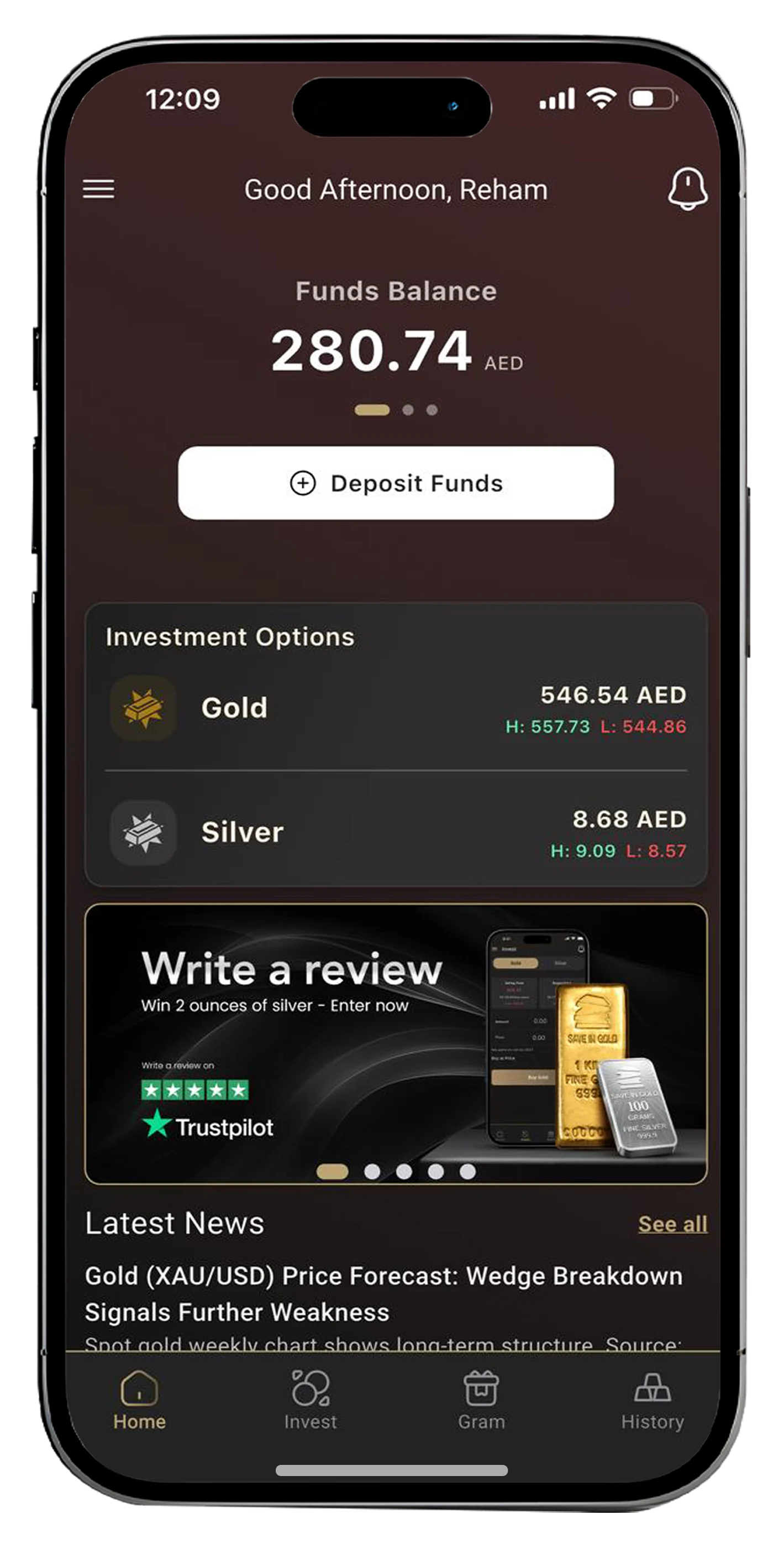 Save in Gold mobile app interface showing the new gold bars logo and branding