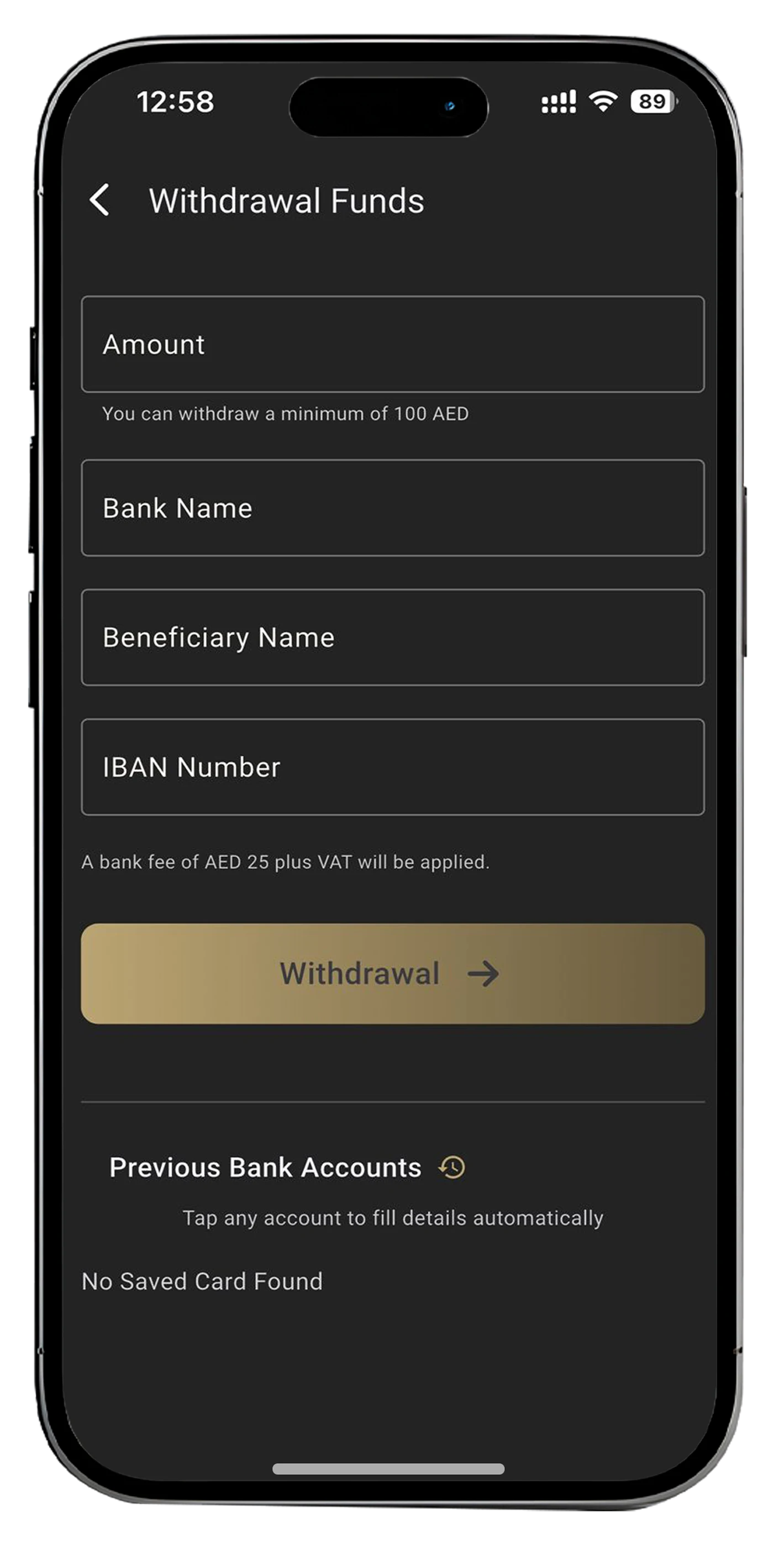 Save in Gold app money withdrawal interface