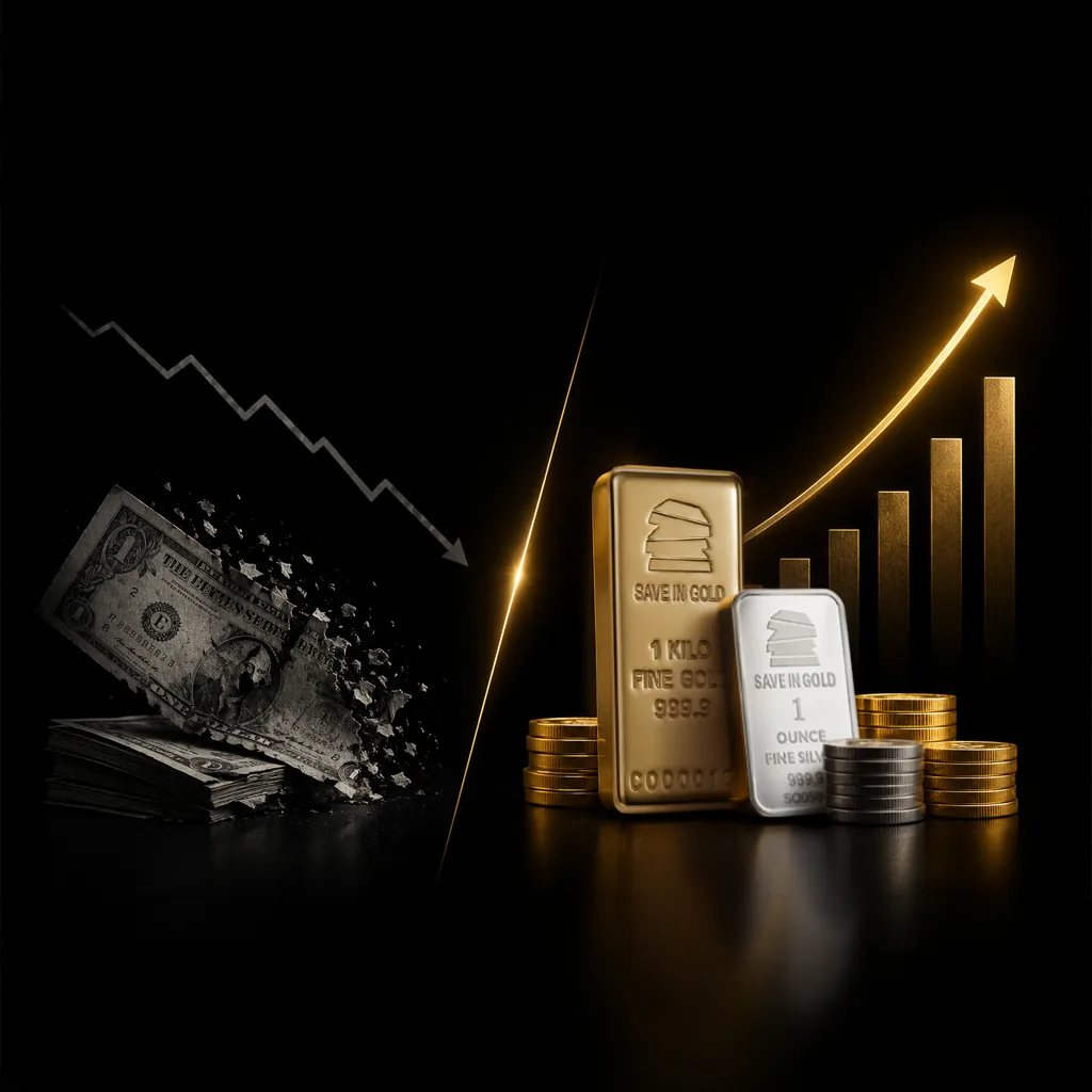 Long-term value growth represented by hourglass transforming AED into gold bars with Save in Gold.