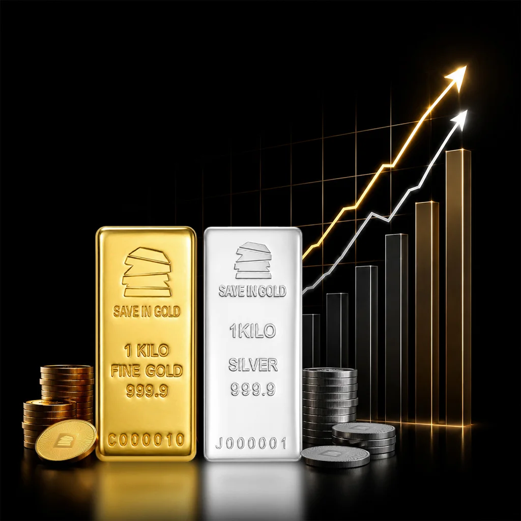 smartphone displaying gold price chart with Save in Gold 1 kilo bar.