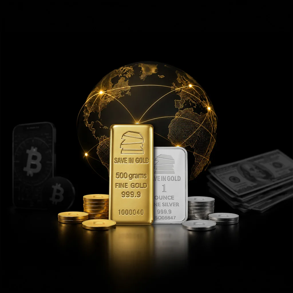 Safe haven in uncertainty with hand holding Save in Gold 1 kilo bar.