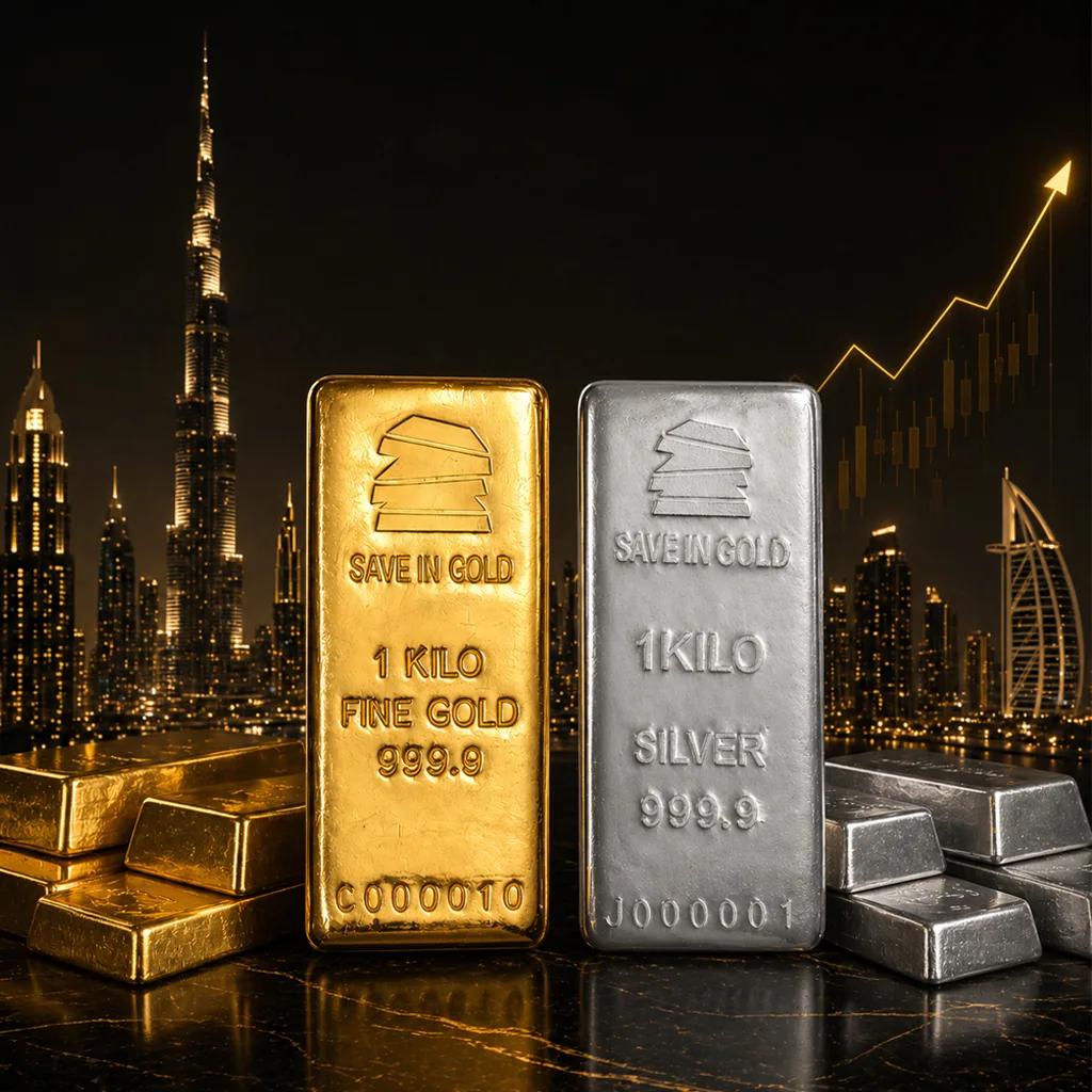 Long-term value growth represented by hourglass transforming AED into gold bars with Save in Gold.